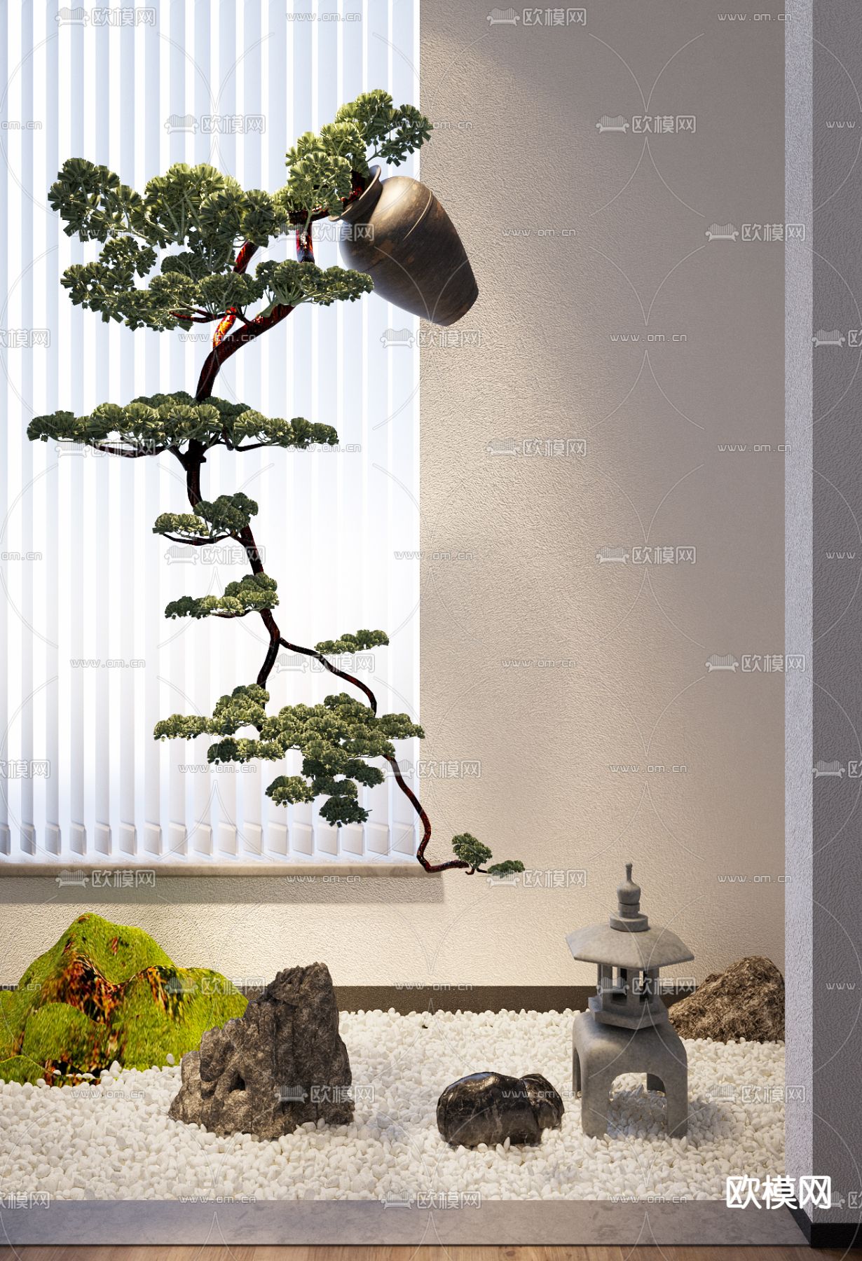 新中式倒挂陶罐松树苔藓假石景观3d模型下载