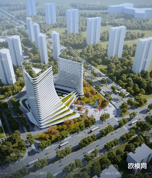 现代高层办公楼鸟瞰3d模型下载