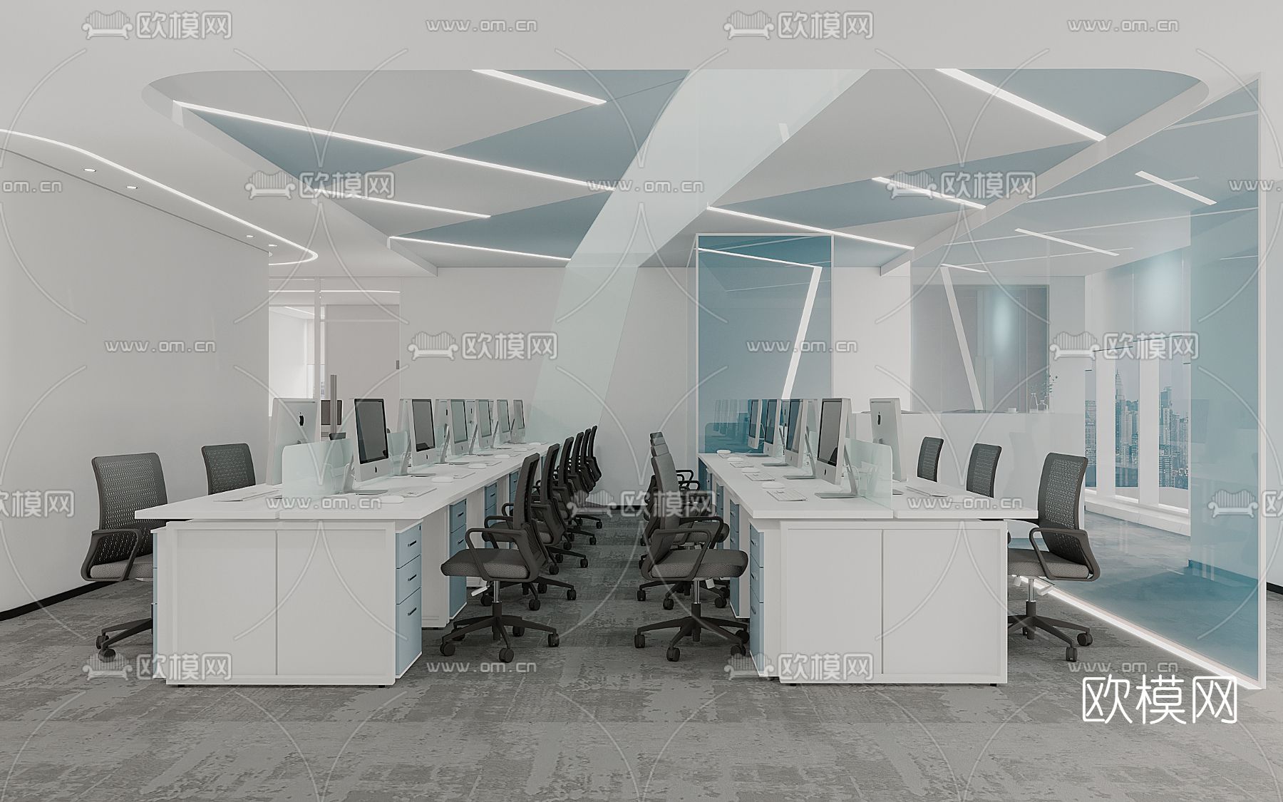 现代敞开式办公区3d模型下载_ID12007708_3dmax免费模型-欧模网