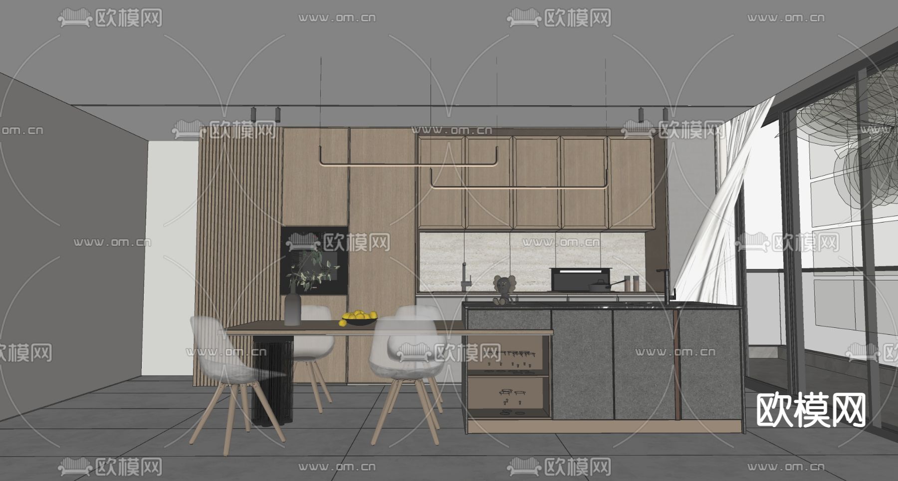 现代中岛餐厅su模型下载（渲染图2）