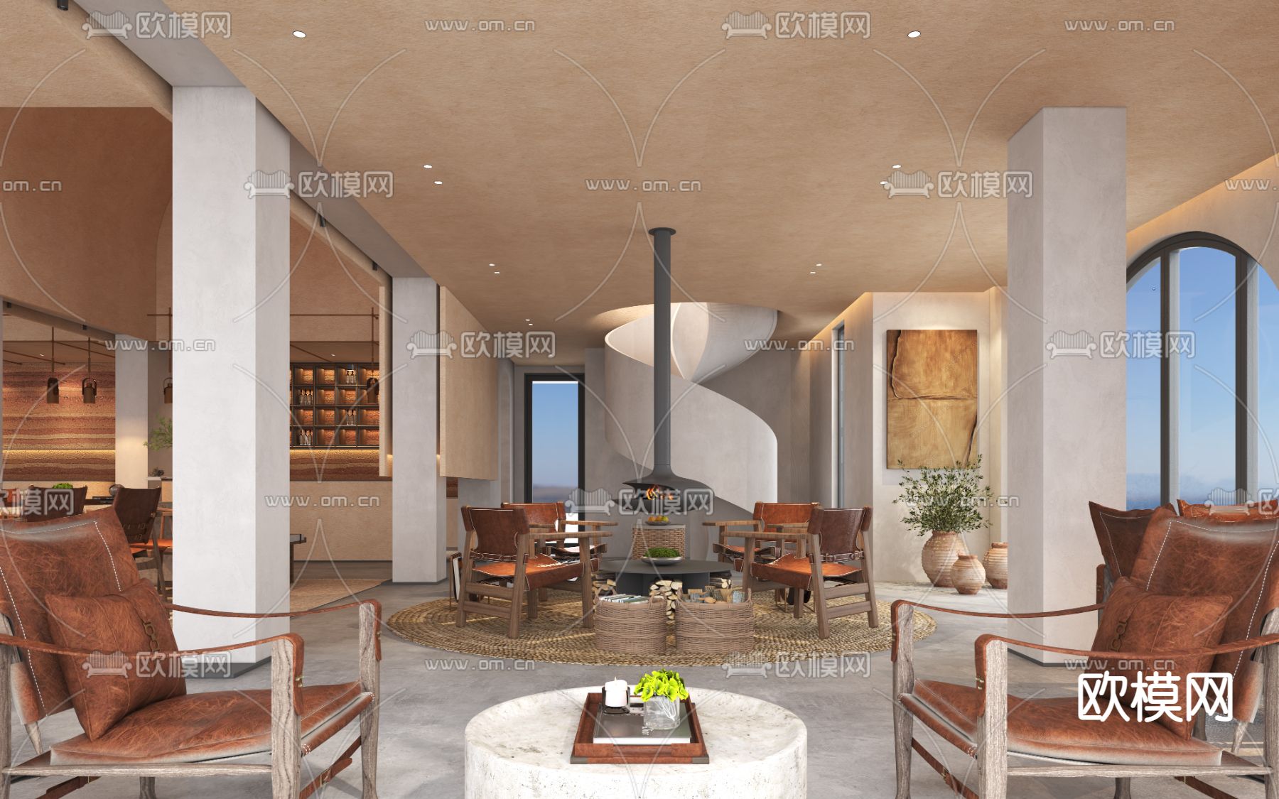 侘寂酒店大堂3d模型下载（渲染图1）