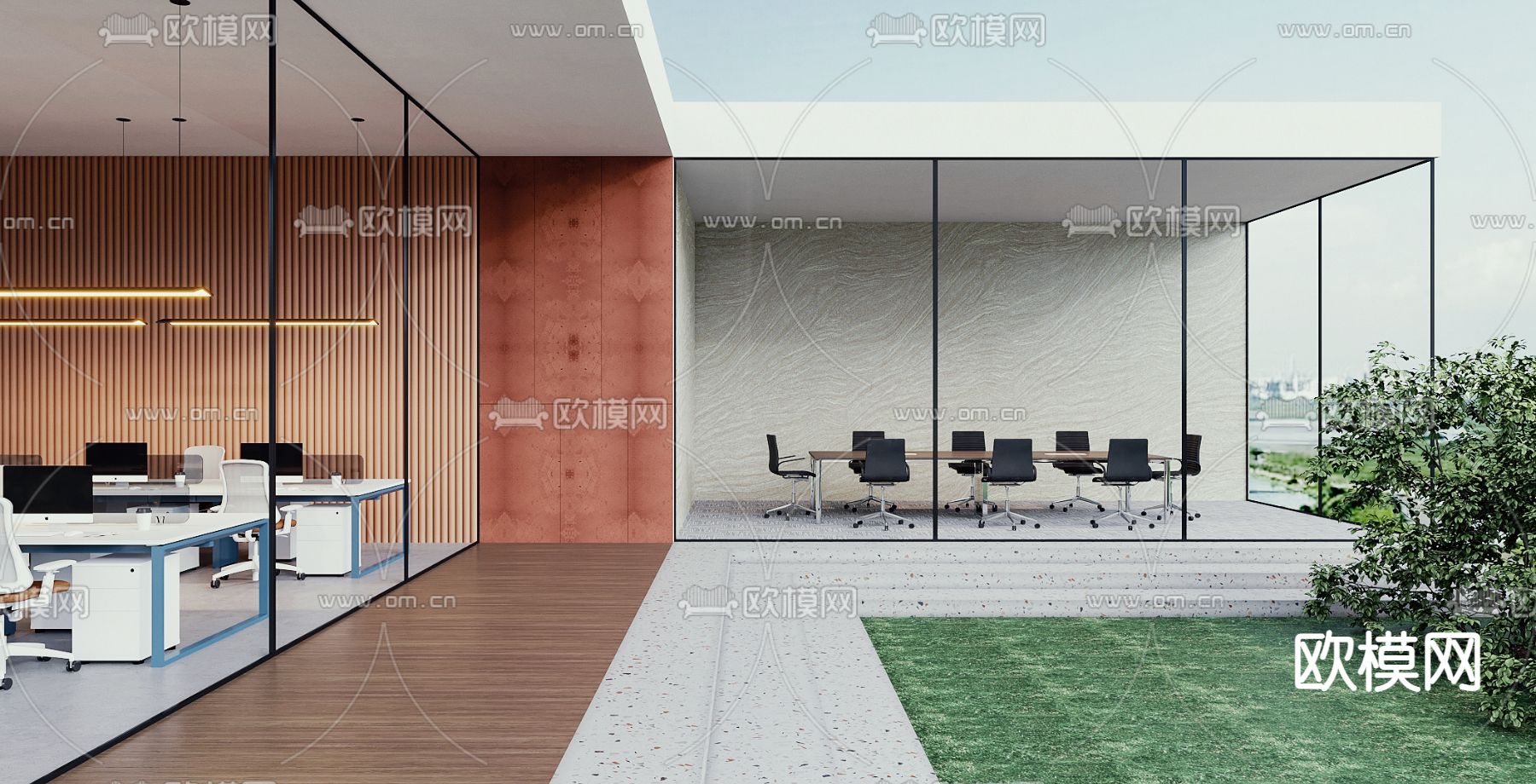 现代开放式办公区日景3d模型下载_ID12006799_3dmax免费模型-欧模网