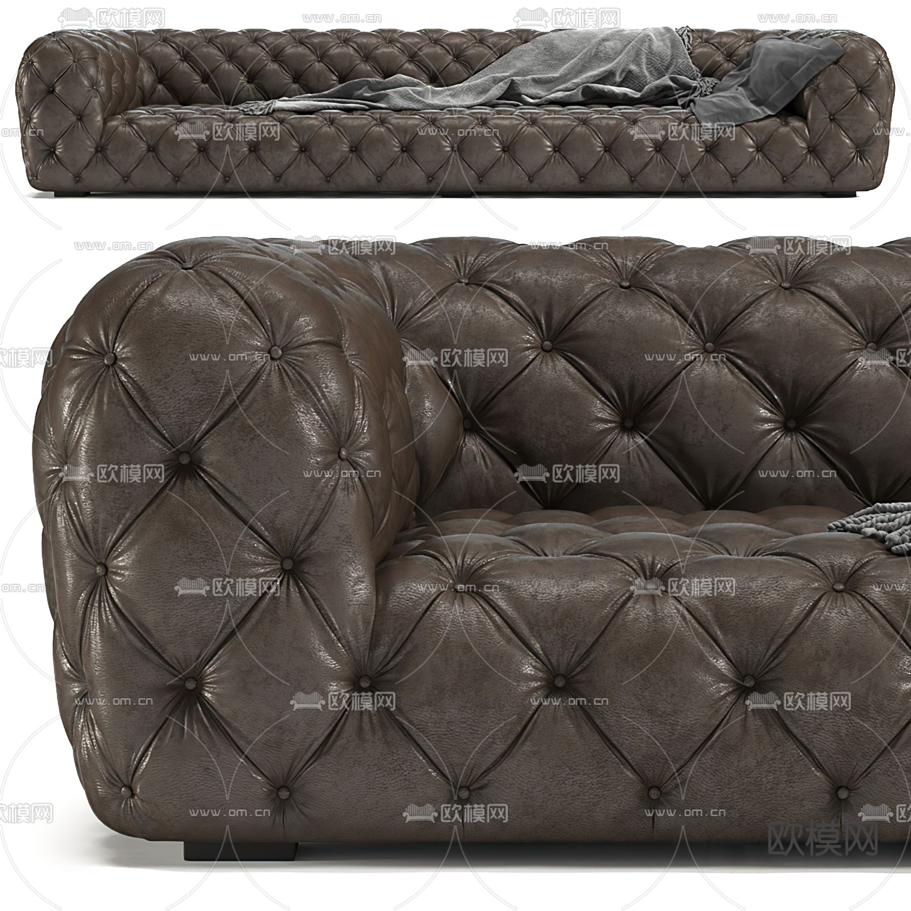 美式皮革棕色多人长沙发3d模型下载