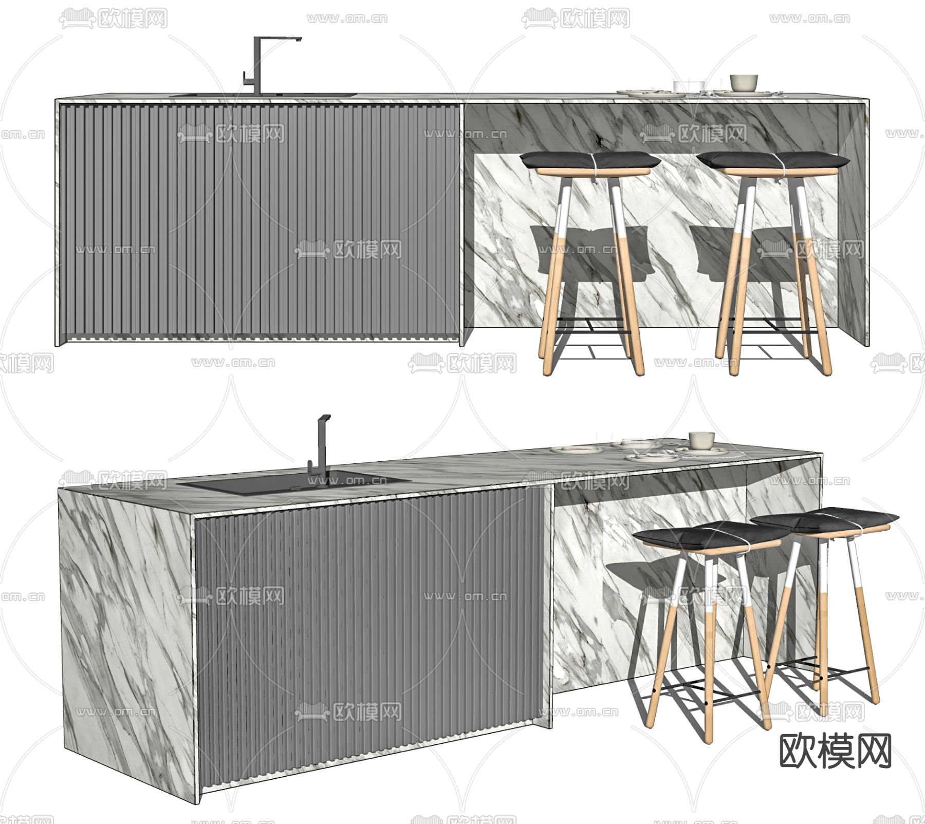 现代大理石吧台su模型下载（渲染图2）