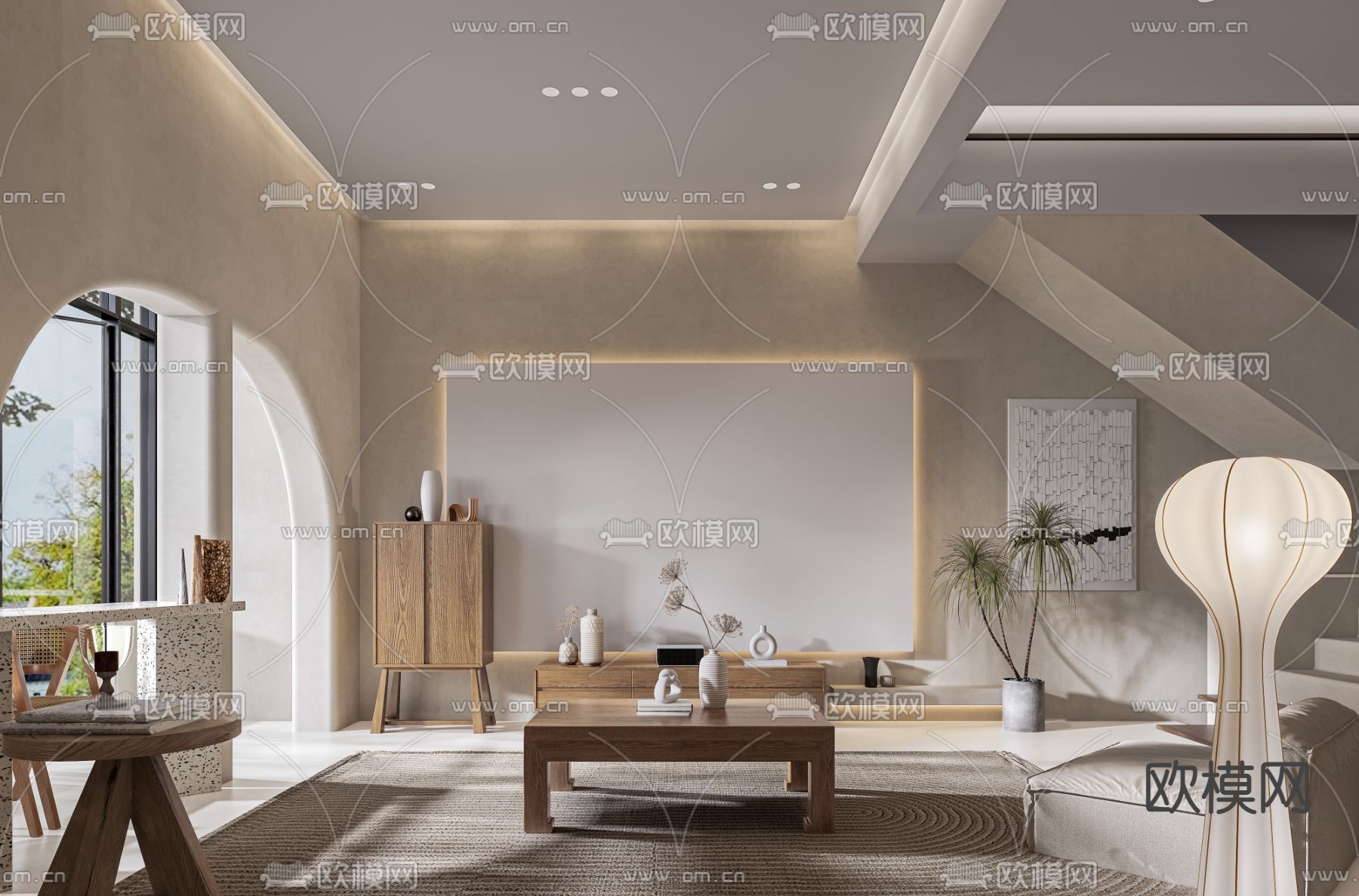 侘寂复式客厅餐厅3d模型下载（渲染图2）