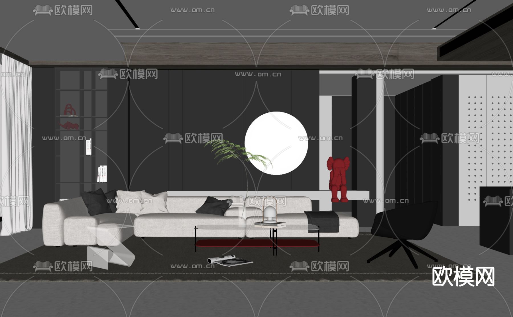 现代高级灰客厅su模型下载（渲染图2）