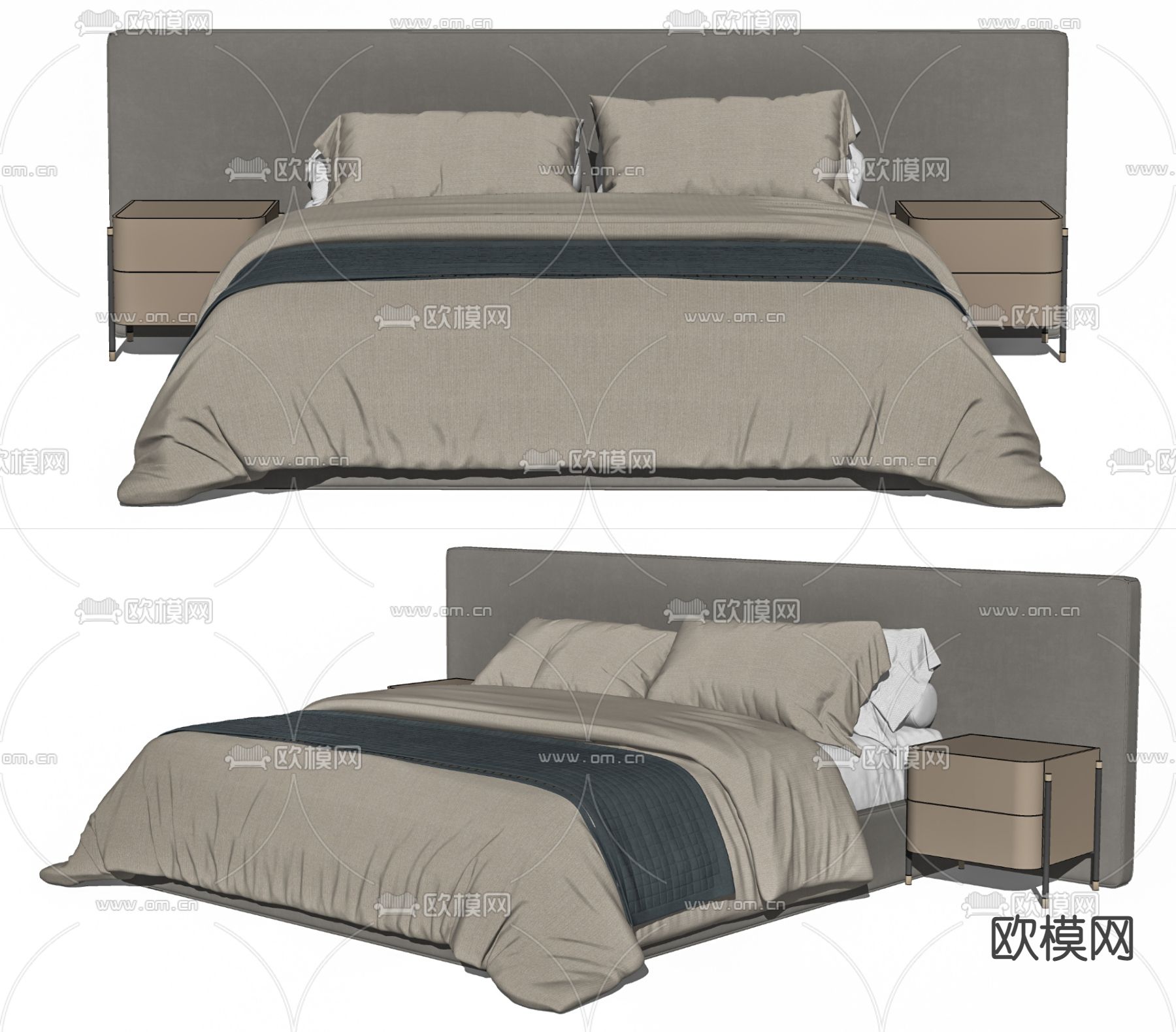 现代布艺双人床su模型下载（渲染图2）