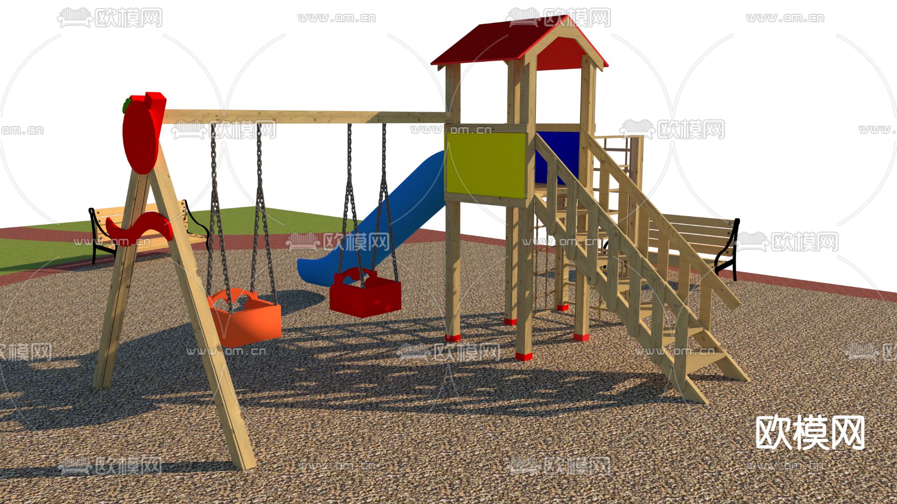 现代儿童游乐设施滑梯秋千免费3d模型下载（渲染图2）