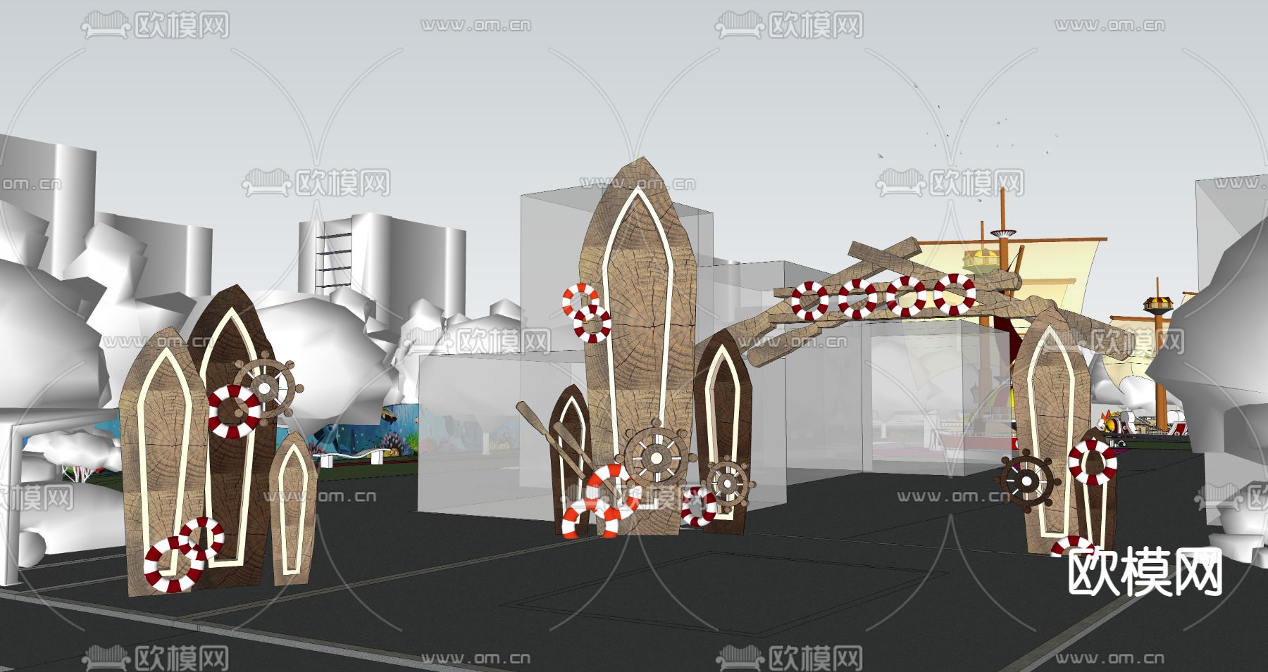 现代木船型船桨门头su模型