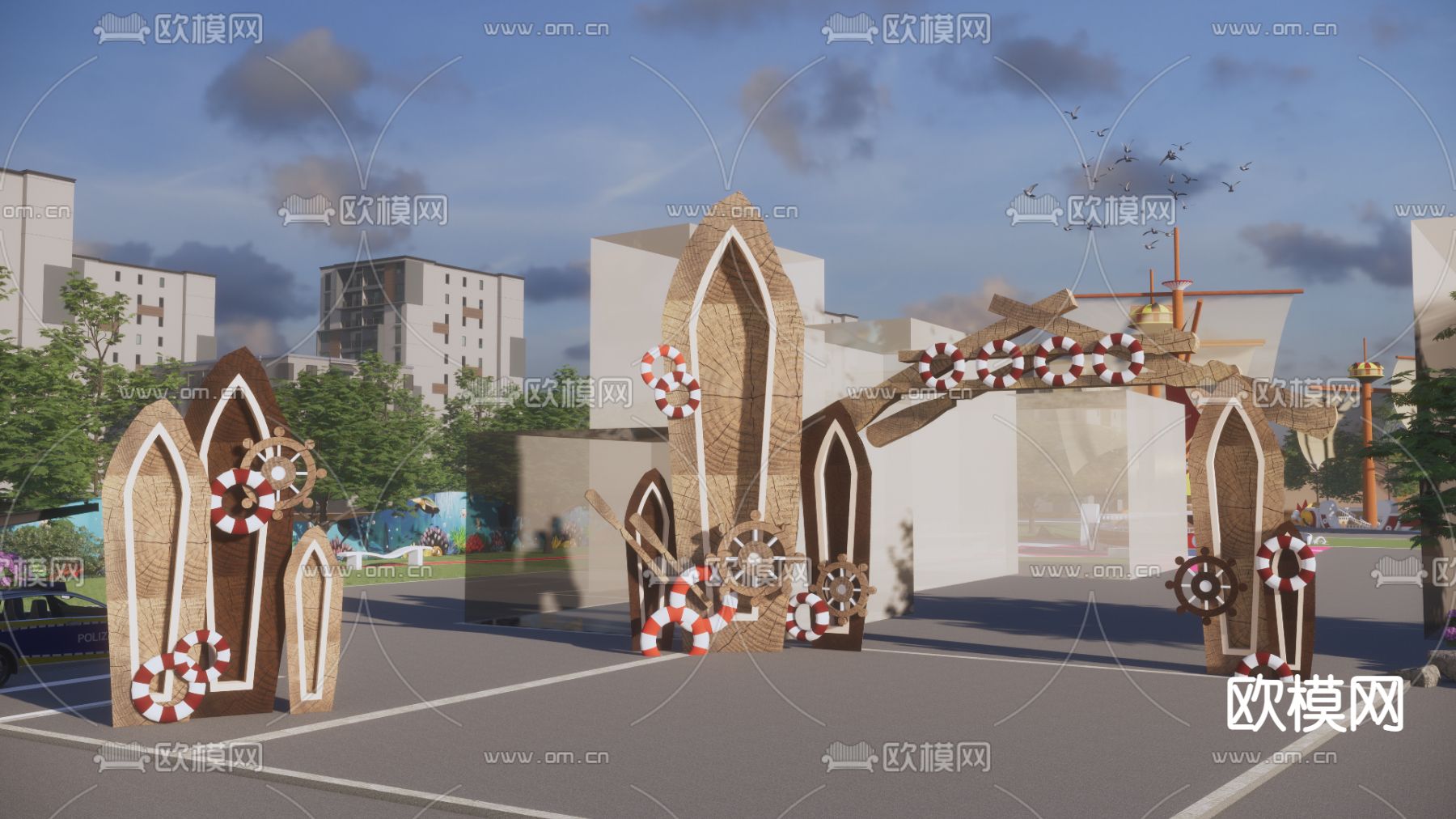 现代木船型船桨门头su模型