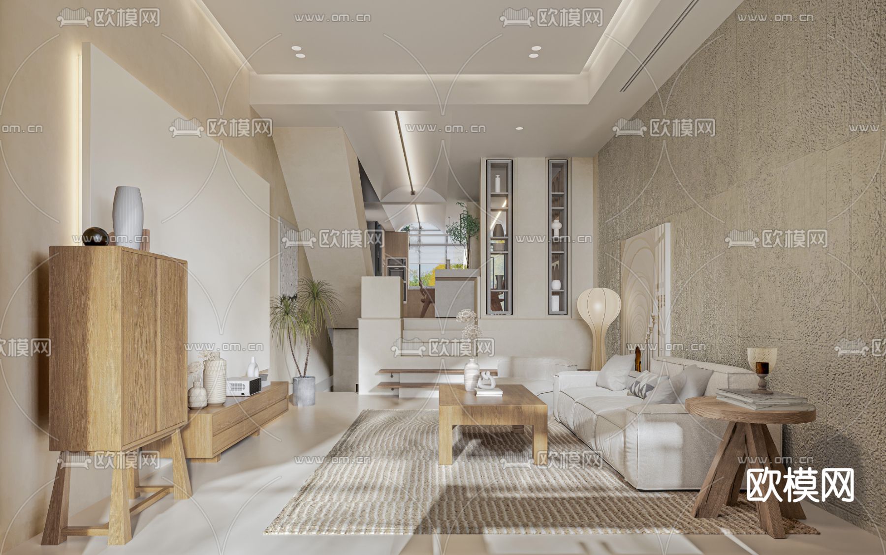 侘寂复式客厅餐厅3d模型下载（渲染图1）