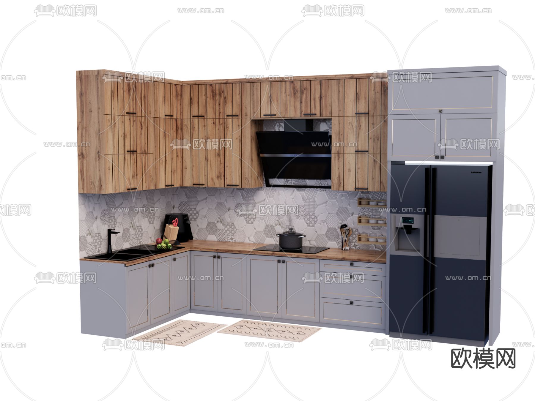 北欧橱柜冰箱灶台油烟机su模型下载（渲染图1）