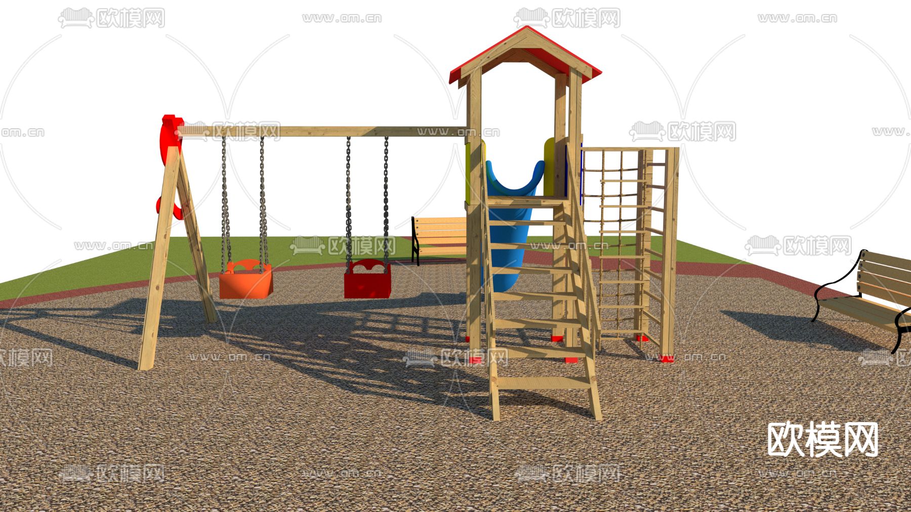 现代儿童游乐设施滑梯秋千免费3d模型下载（渲染图3）