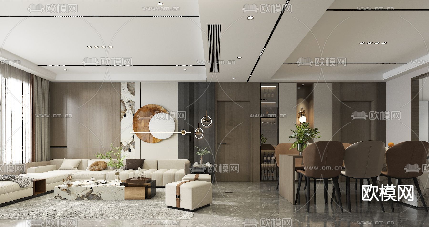 现代轻奢客厅餐厅3d模型下载（渲染图1）