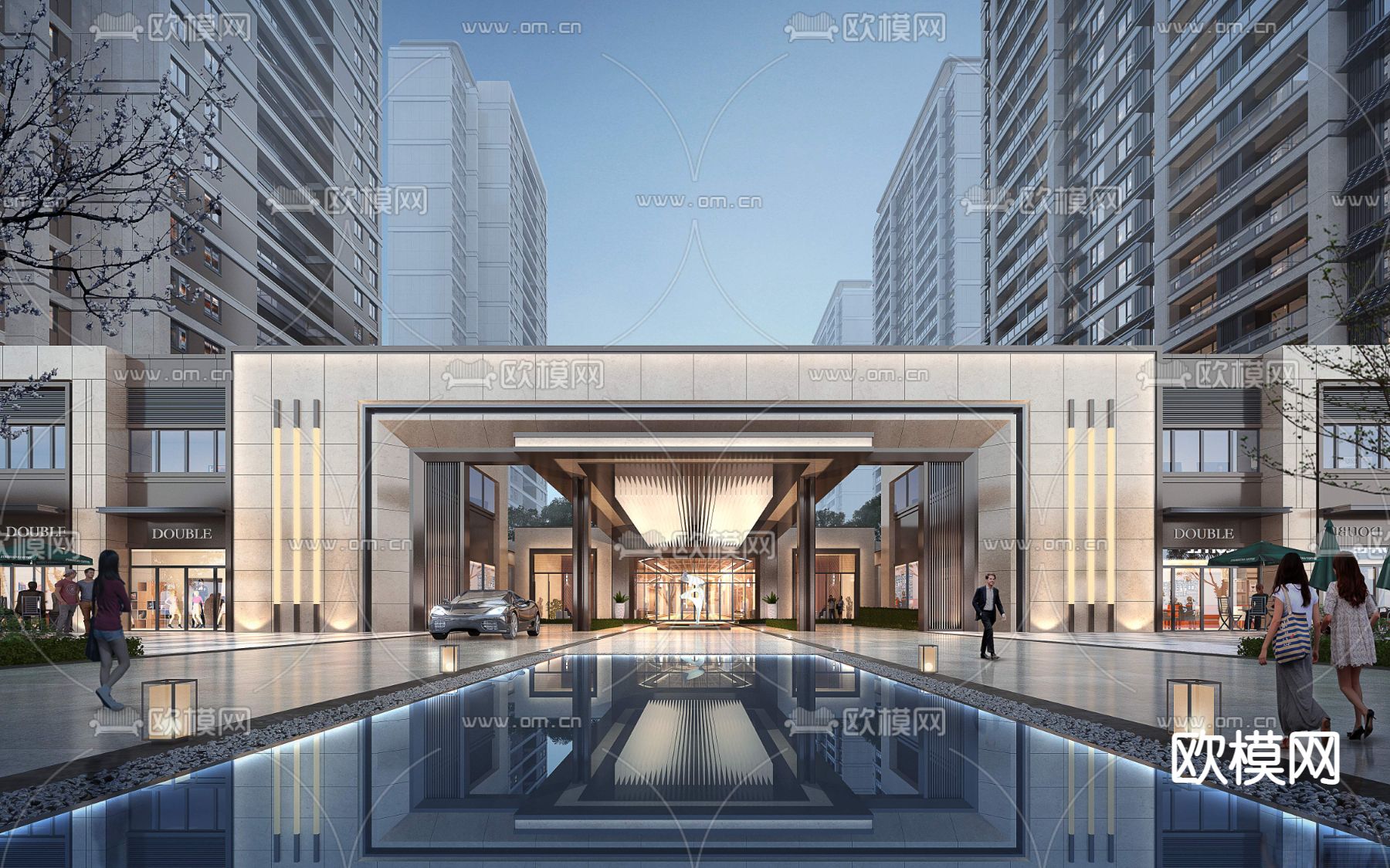 现代小区大门门头夜景3d模型下载