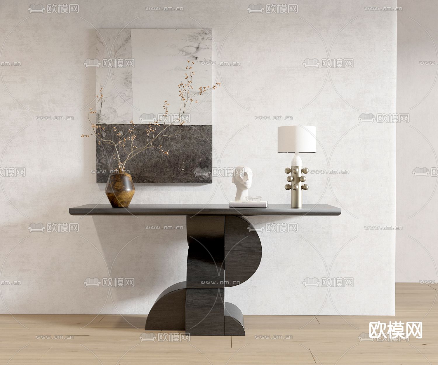 侘寂风黑木玄关条案3d模型下载（渲染图1）