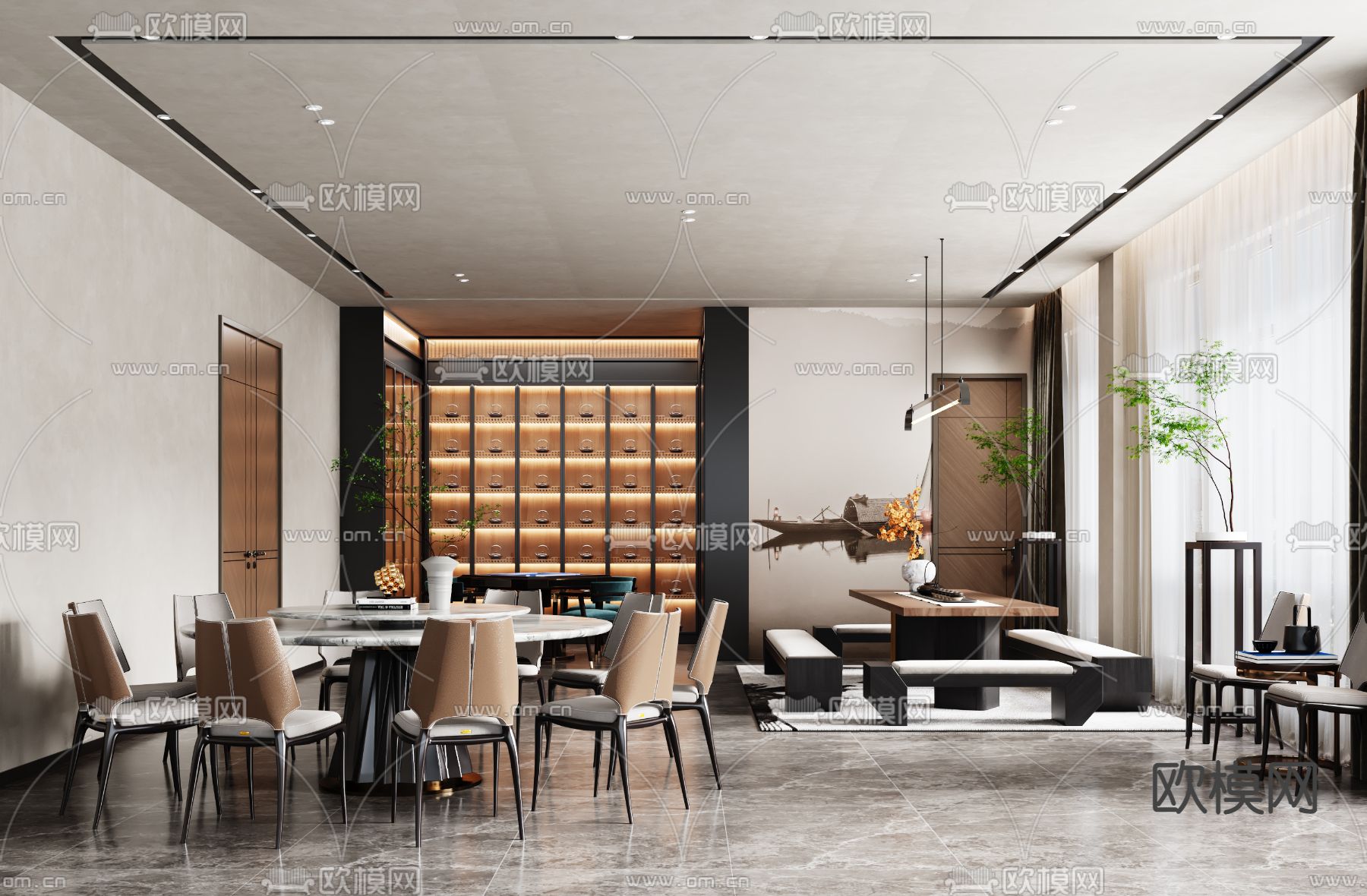 现代极简餐厅茶室3d模型下载