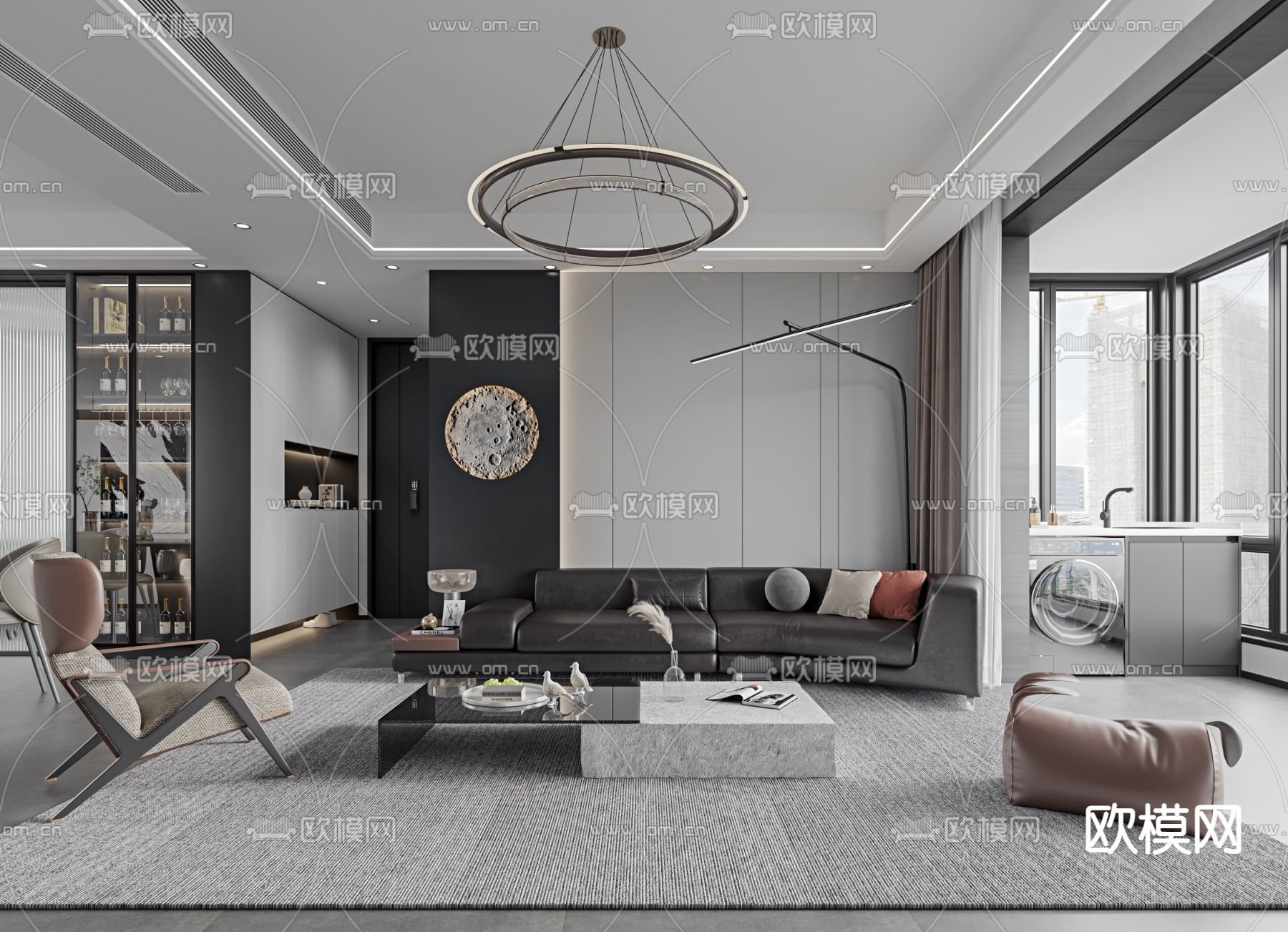 现代高级灰客厅3d模型下载（渲染图1）