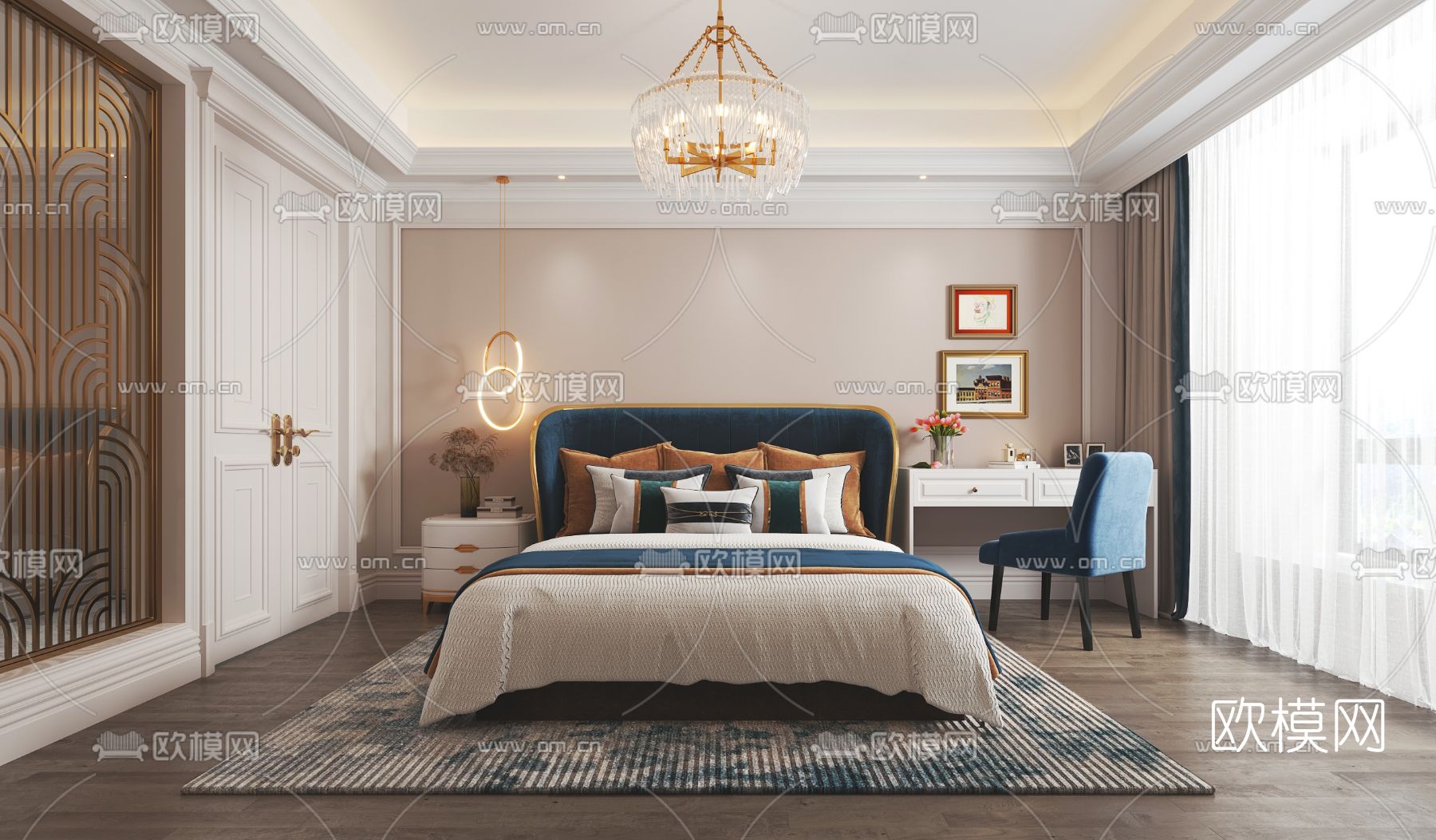美式卧室主人房3d模型下载（渲染图1）