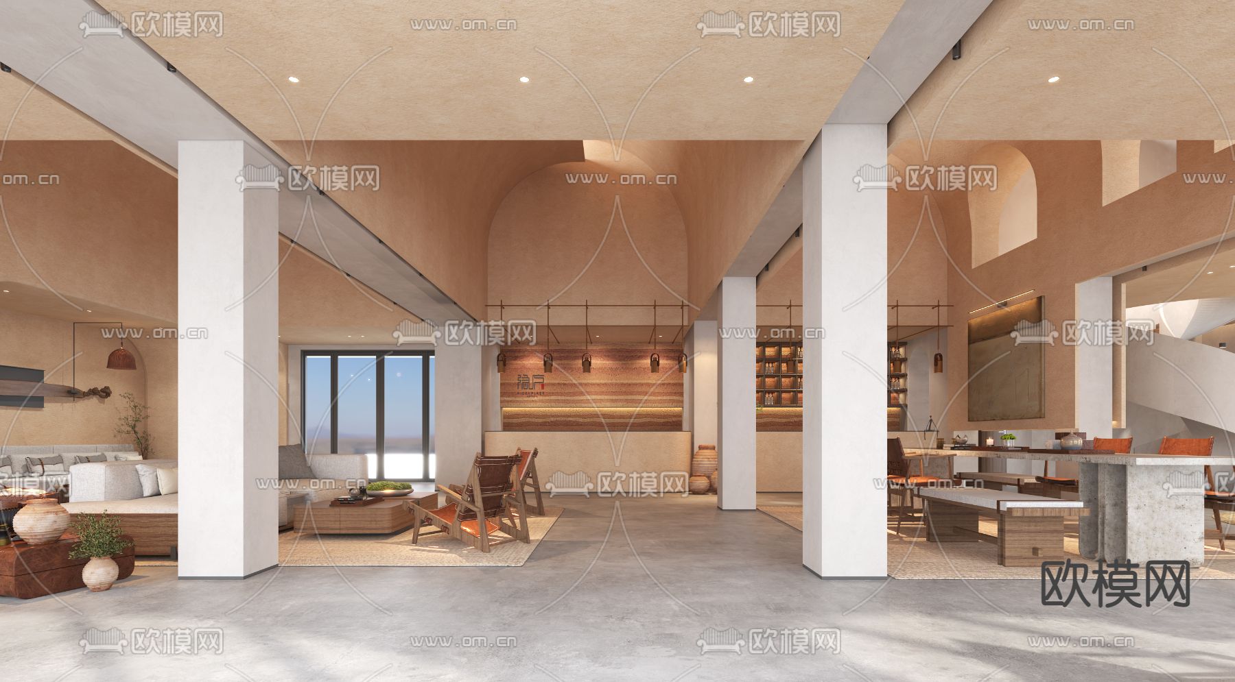 侘寂酒店大堂3d模型下载（渲染图2）
