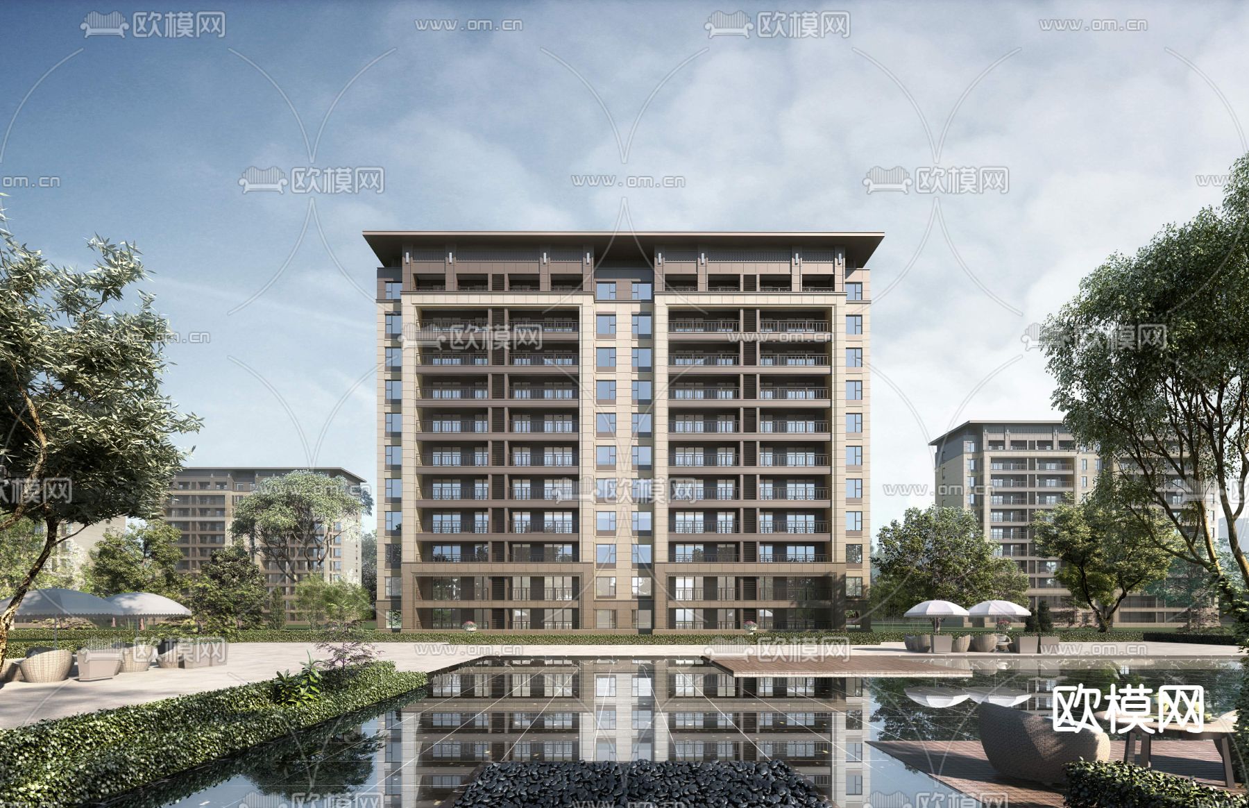 新中式高层住宅楼外观3d模型下载