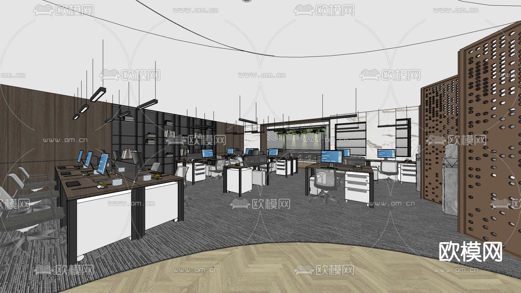 新中式公共办公区su模型下载