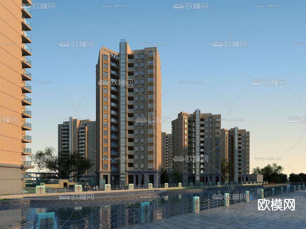 现代黄昏水景住宅楼小区景观3d模型下载_ID:12008360_3dmax免费模型-欧模网