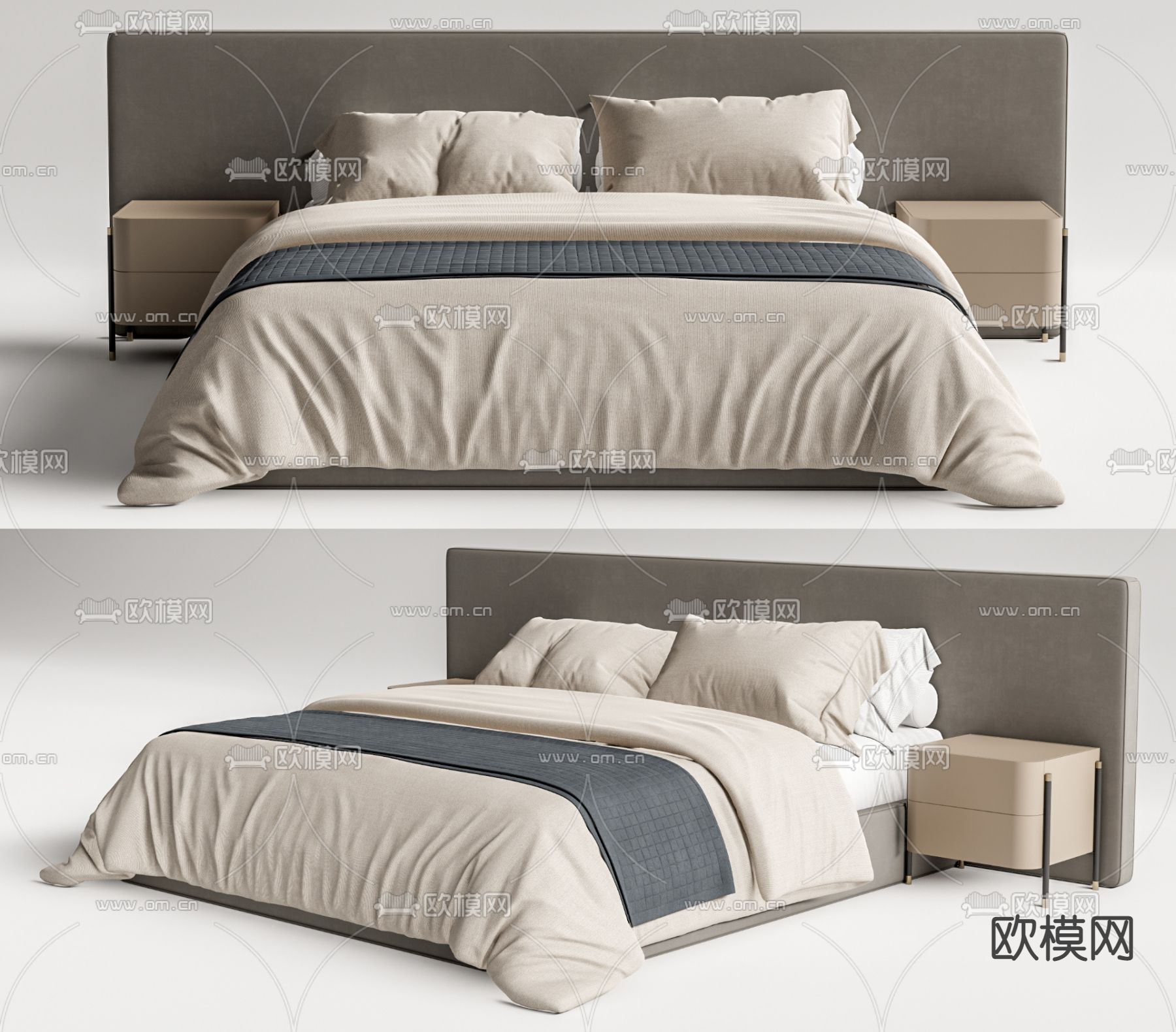 现代布艺双人床su模型下载（渲染图1）