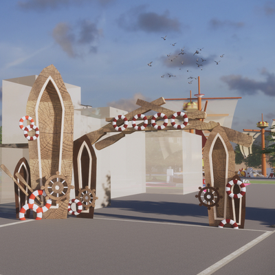 现代木船型船桨门头su模型