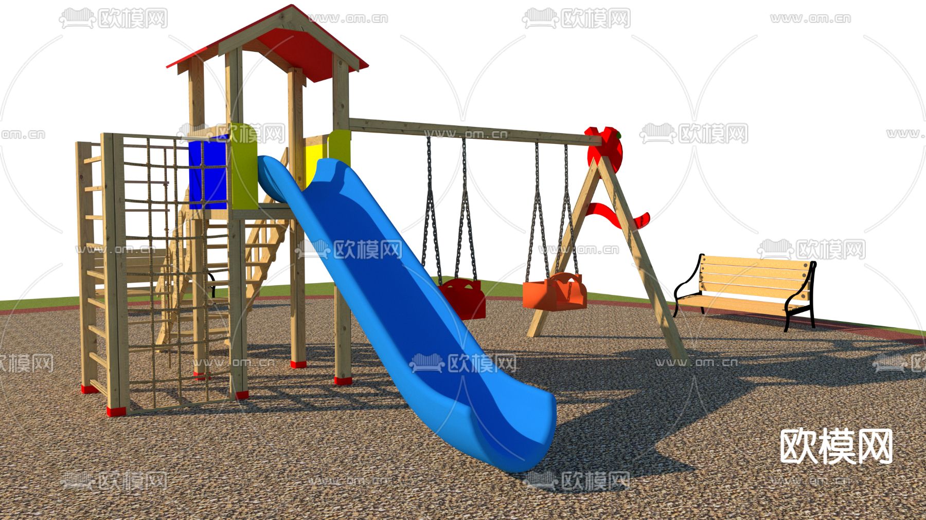 现代儿童游乐设施滑梯秋千免费3d模型下载（渲染图1）
