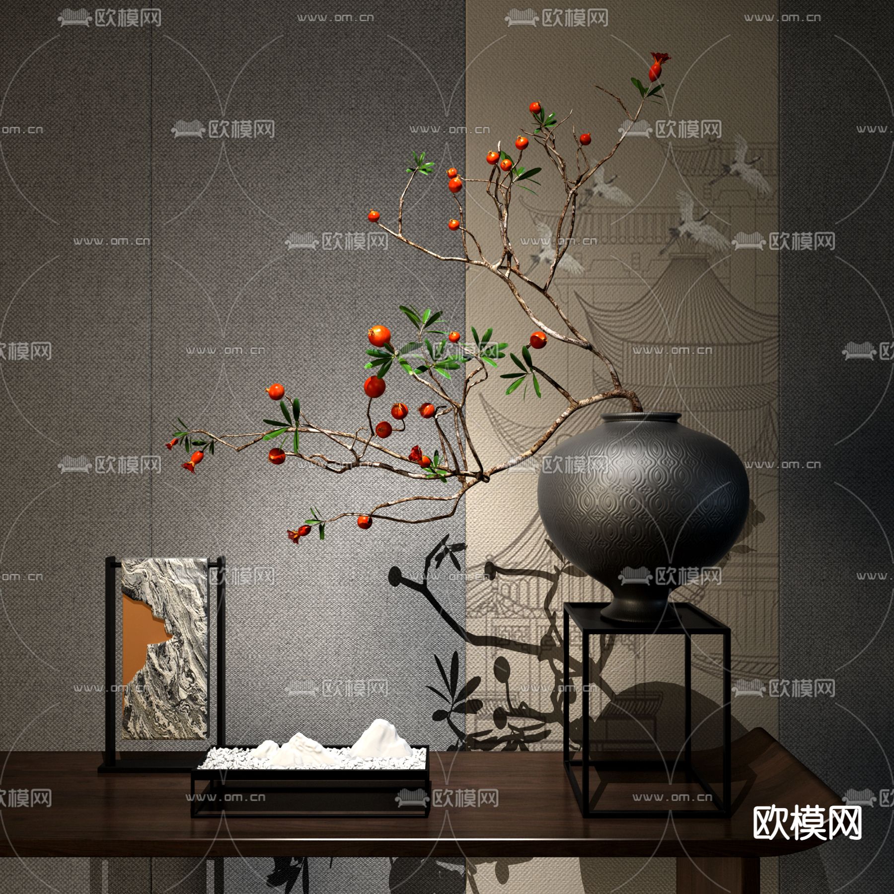 新中式陶罐石榴花瓶摆件3d模型下载