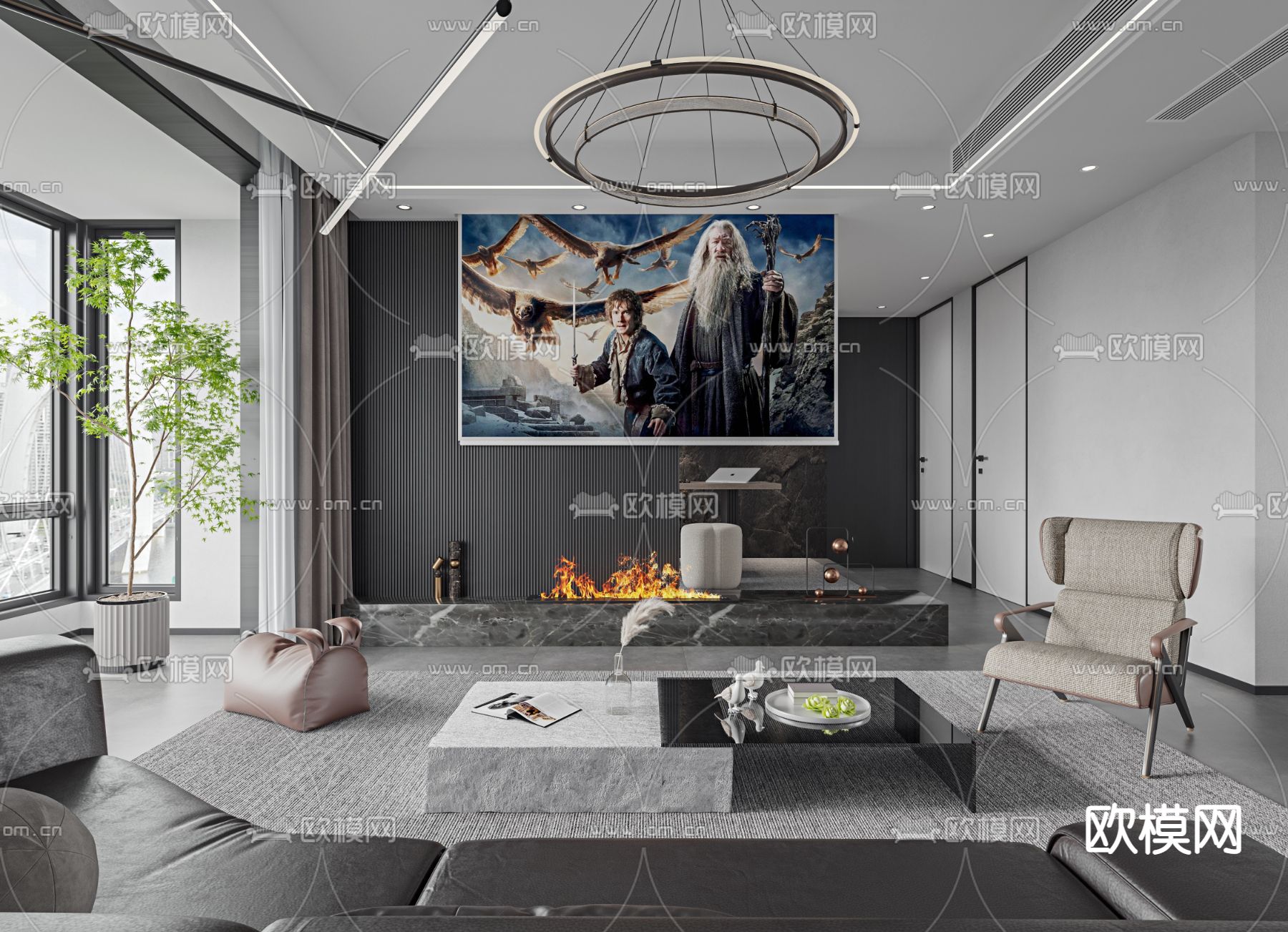 现代高级灰客厅3d模型下载（渲染图2）