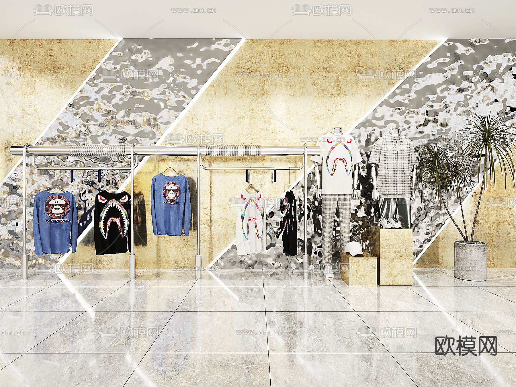 现代服装店男装模特服饰货架3d模型下载（渲染图1）