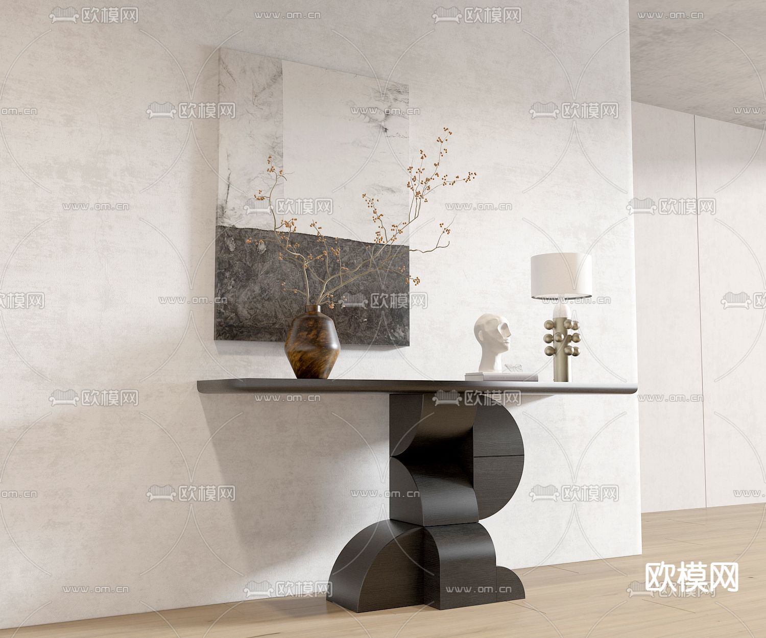侘寂风黑木玄关条案3d模型下载（渲染图2）