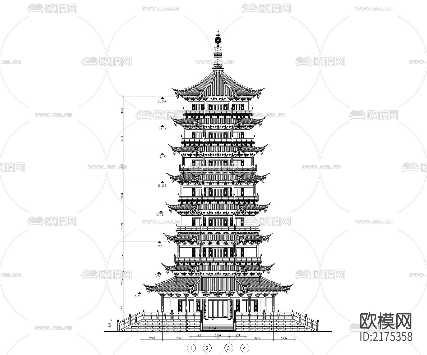 七层仿古佛塔建筑CAD施工图下载（渲染图1）