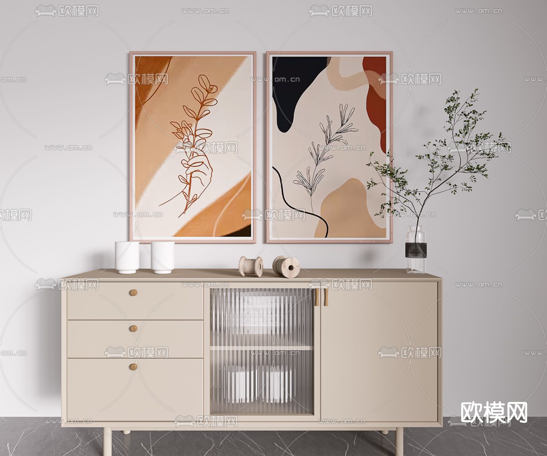 现代装饰画边柜组合3d模型下载