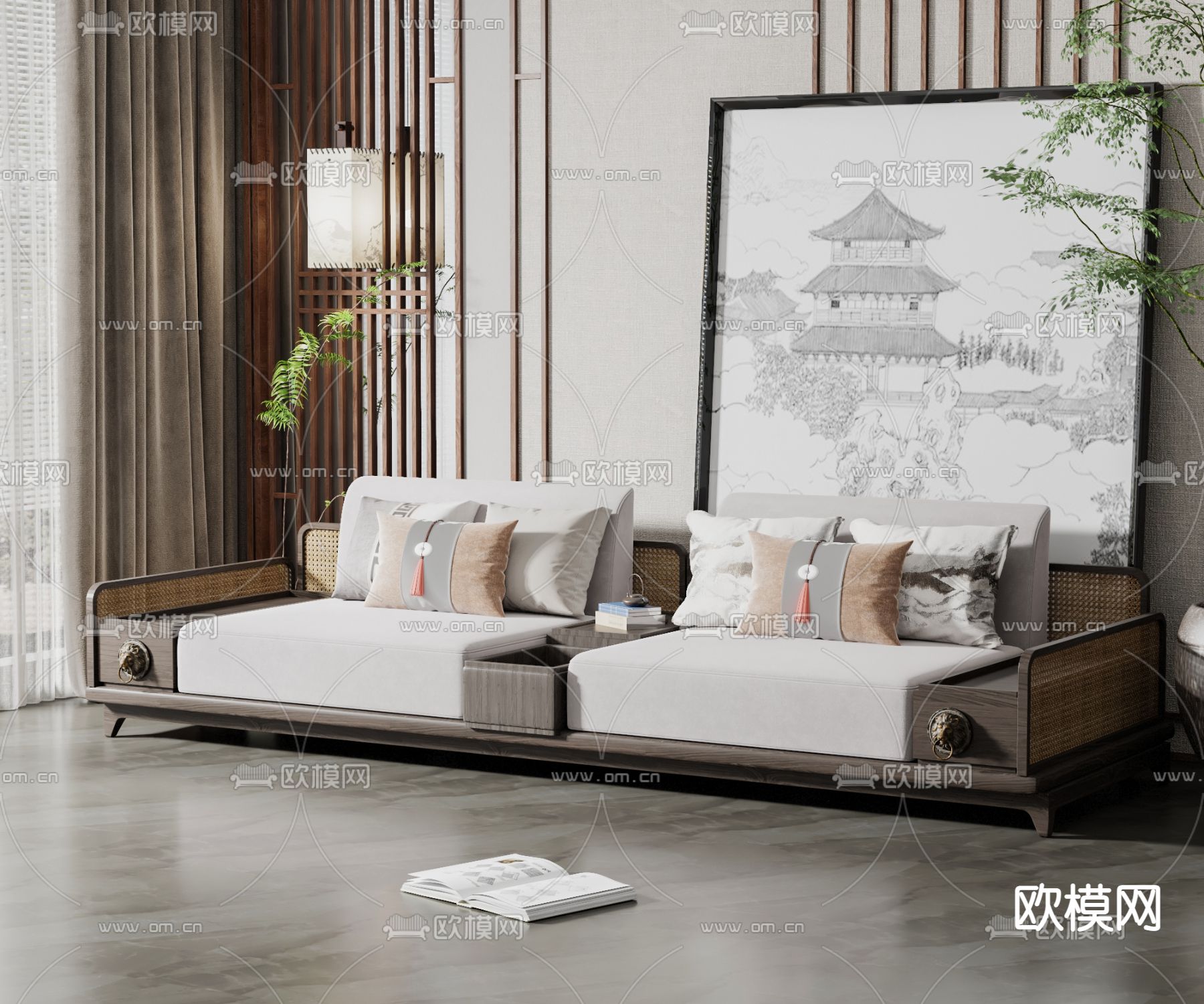 新中式实木双人沙发3d模型下载