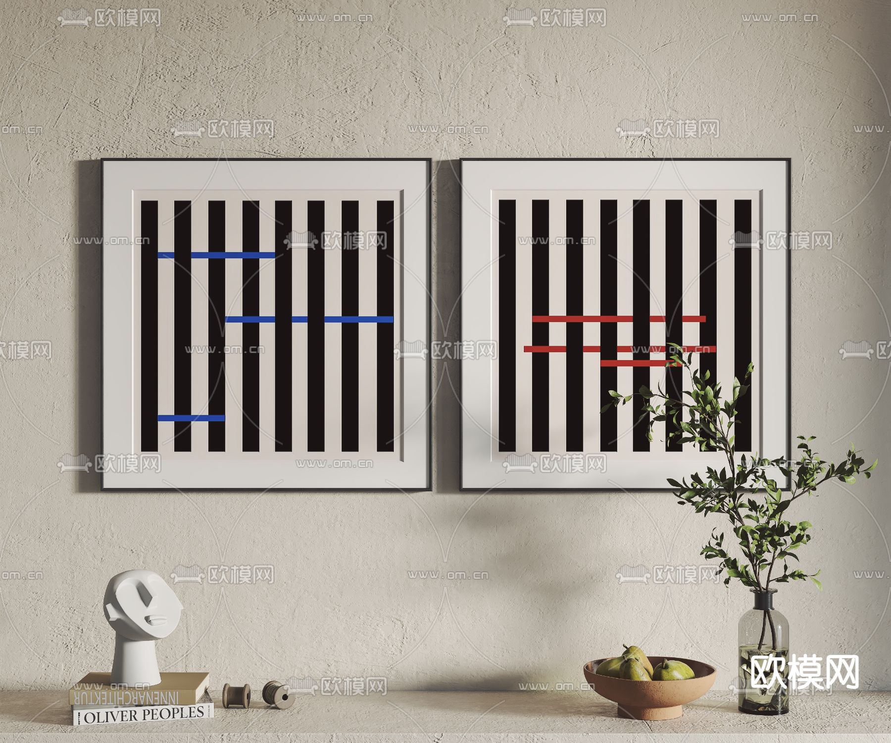 现代黑白竖纹抽象装饰画3d模型下载