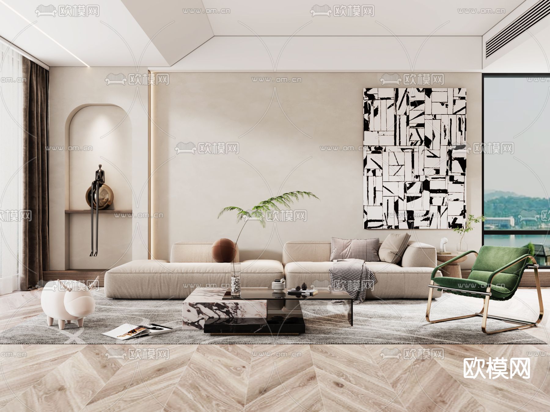 现代布艺沙发组合su模型下载（渲染图1）