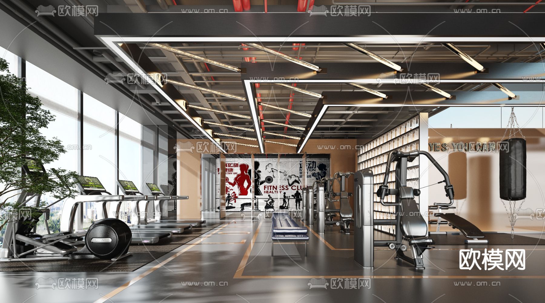 工业风健身房3d模型下载