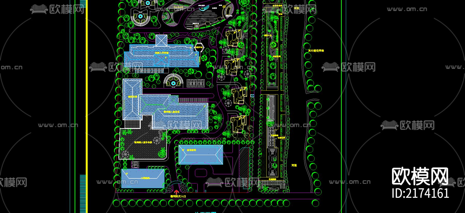 福利院总平面图cad图库下载（渲染图1）