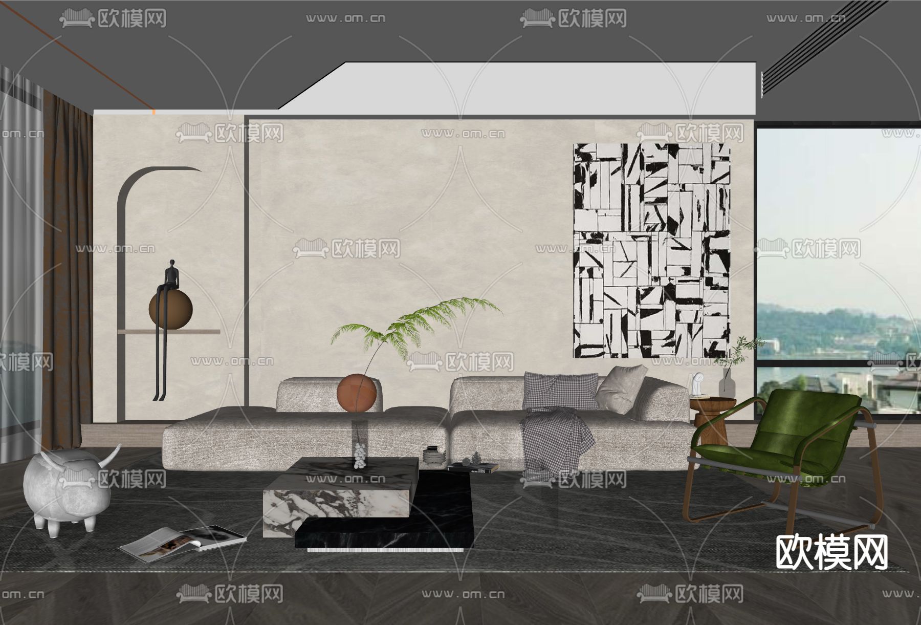 现代布艺沙发组合su模型下载（渲染图2）