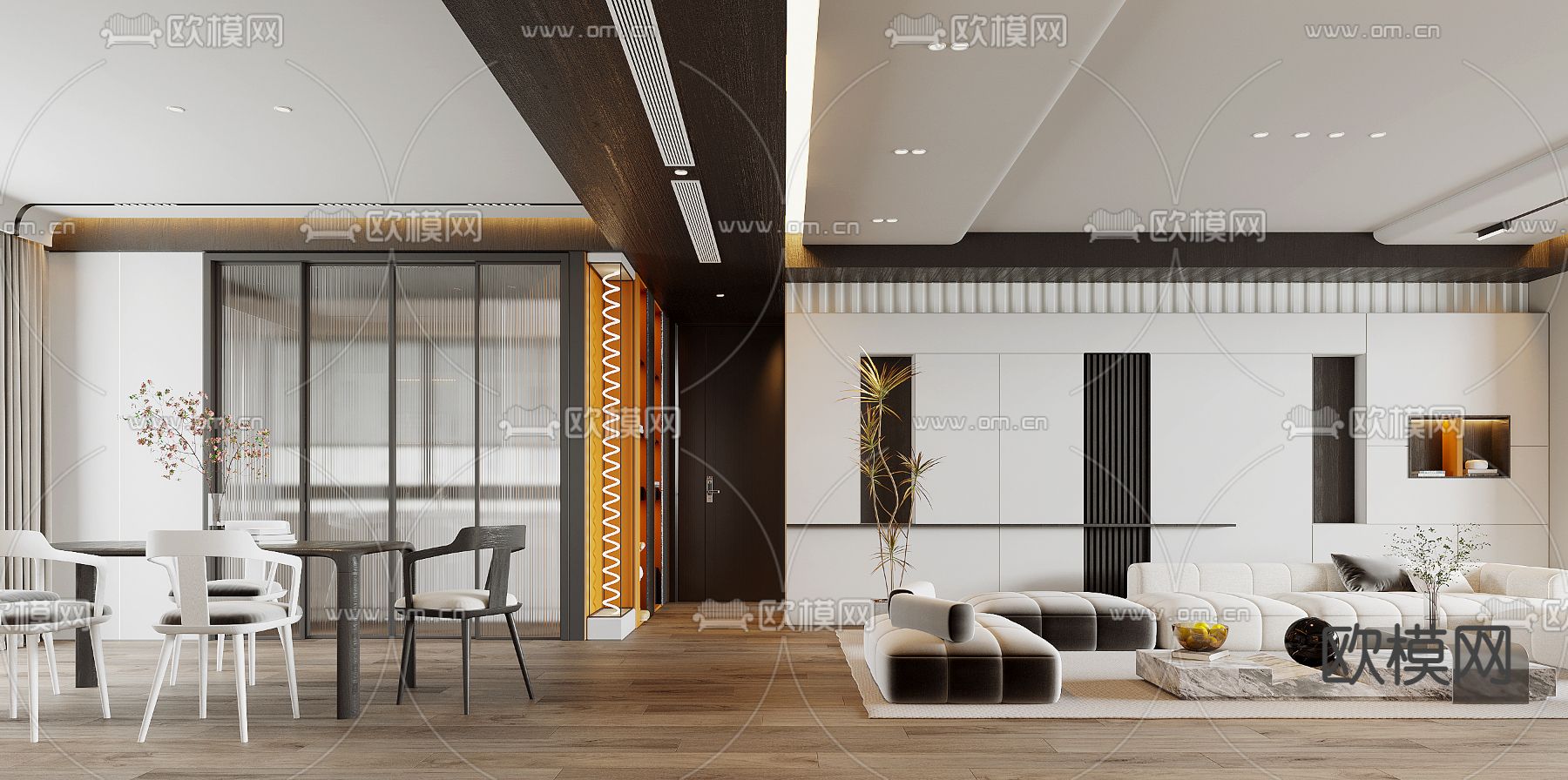 现代简约客餐厅3d模型下载（渲染图2）