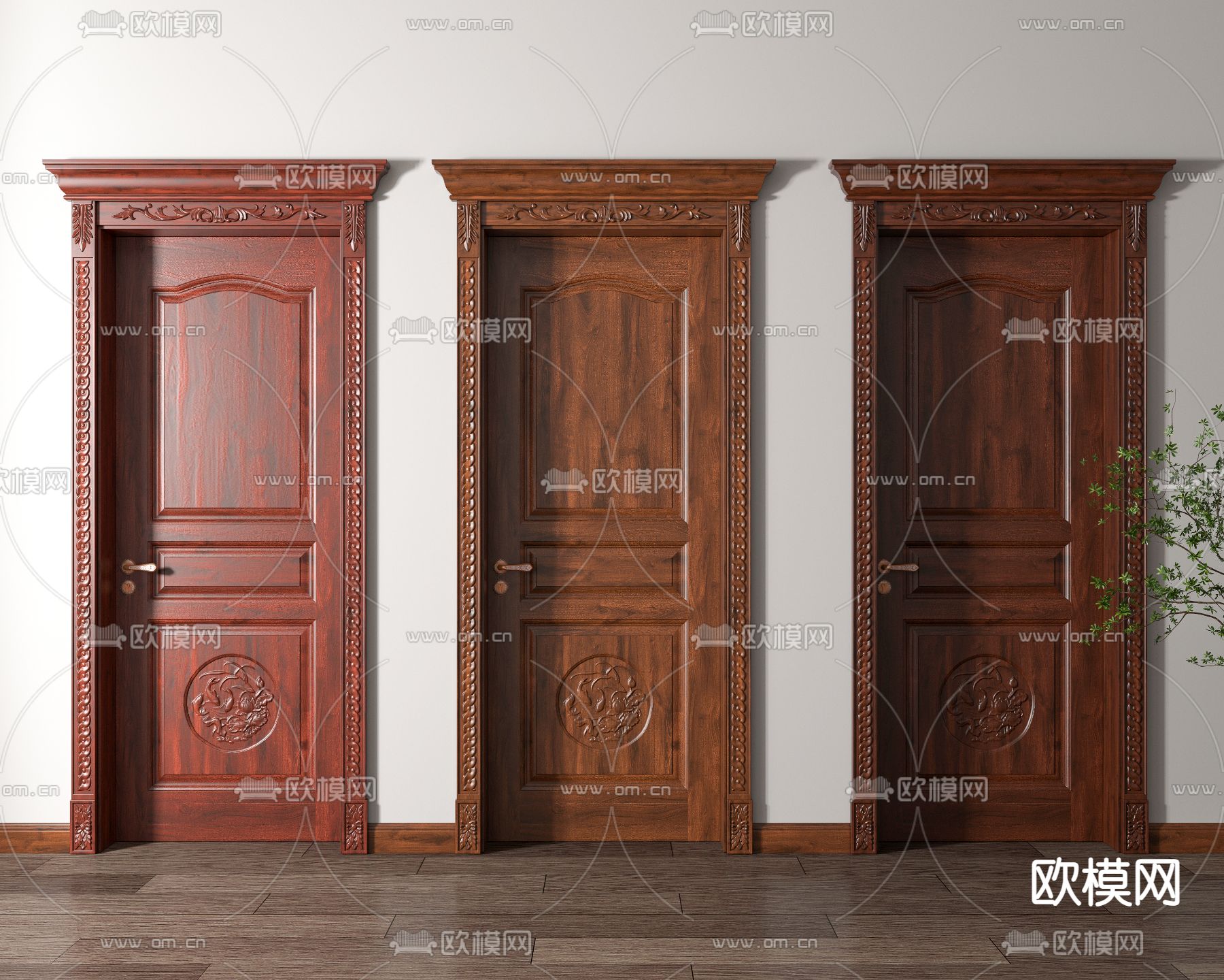 中式红木雕花房门平开门3d模型下载
