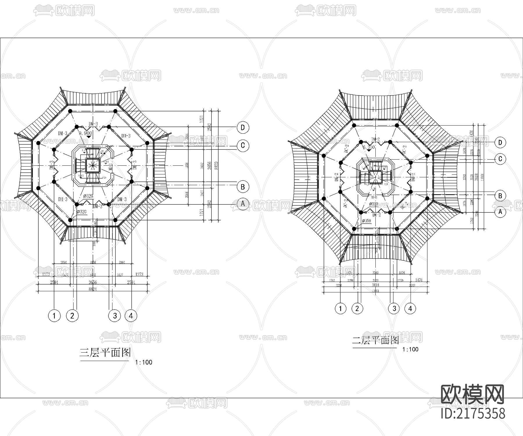 七层仿古佛塔建筑CAD施工图下载（渲染图5）
