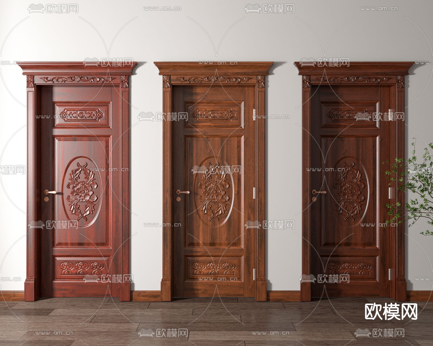 中式红木雕花房门平开门3d模型下载