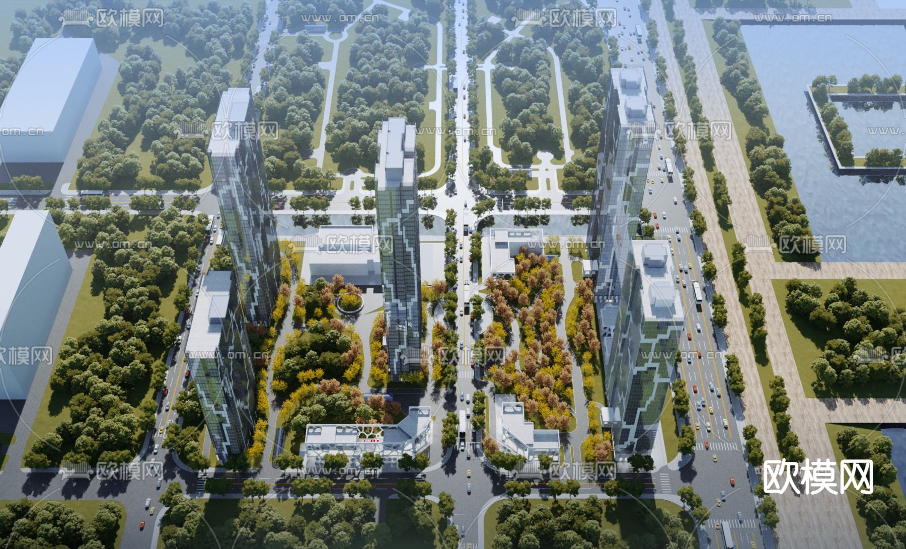 现代高层办公楼鸟瞰3d模型下载