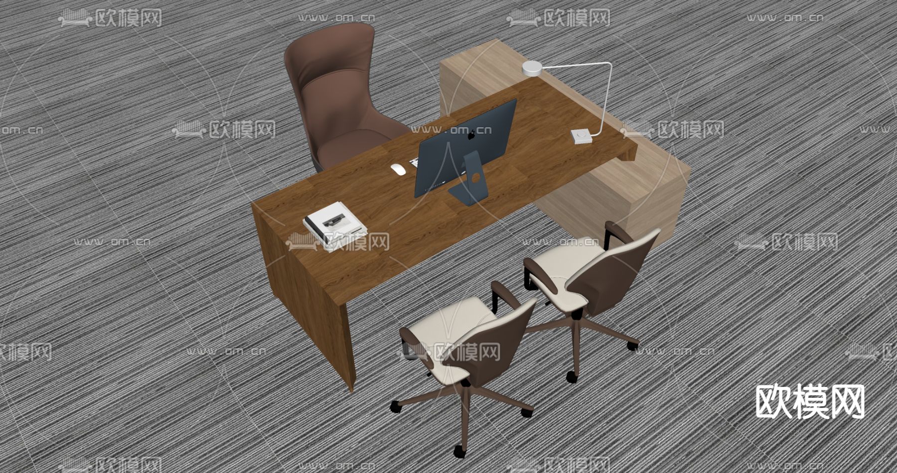 现代办公班台桌椅su模型下载（渲染图2）