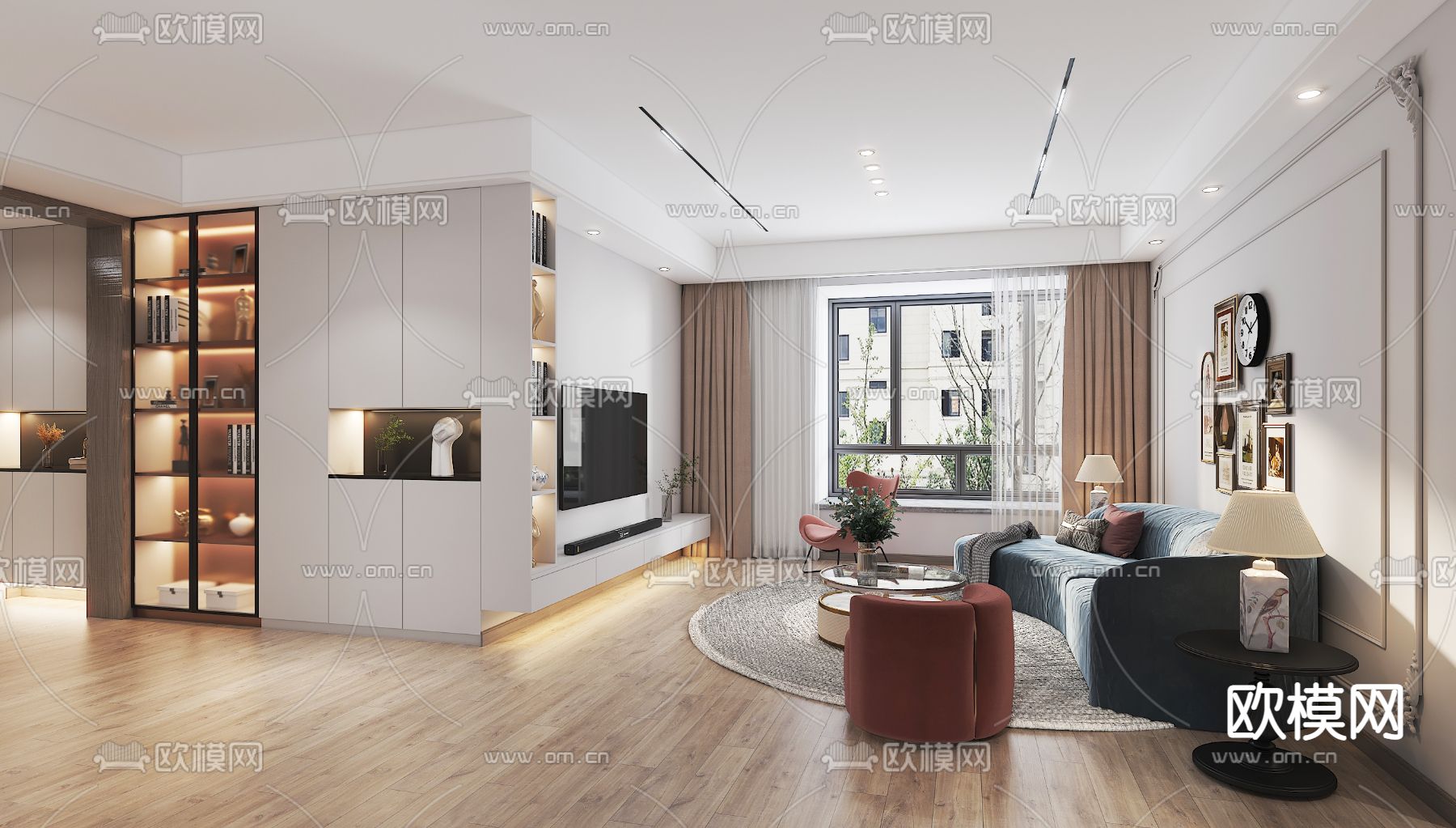 简欧客厅餐厅3d模型下载（渲染图1）