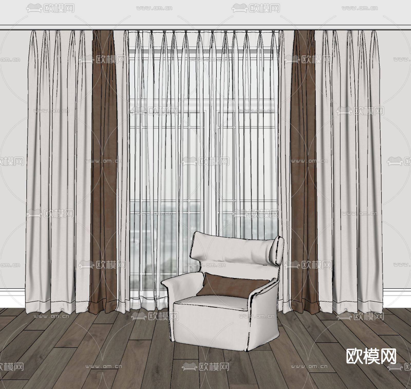 现代布艺窗帘su模型